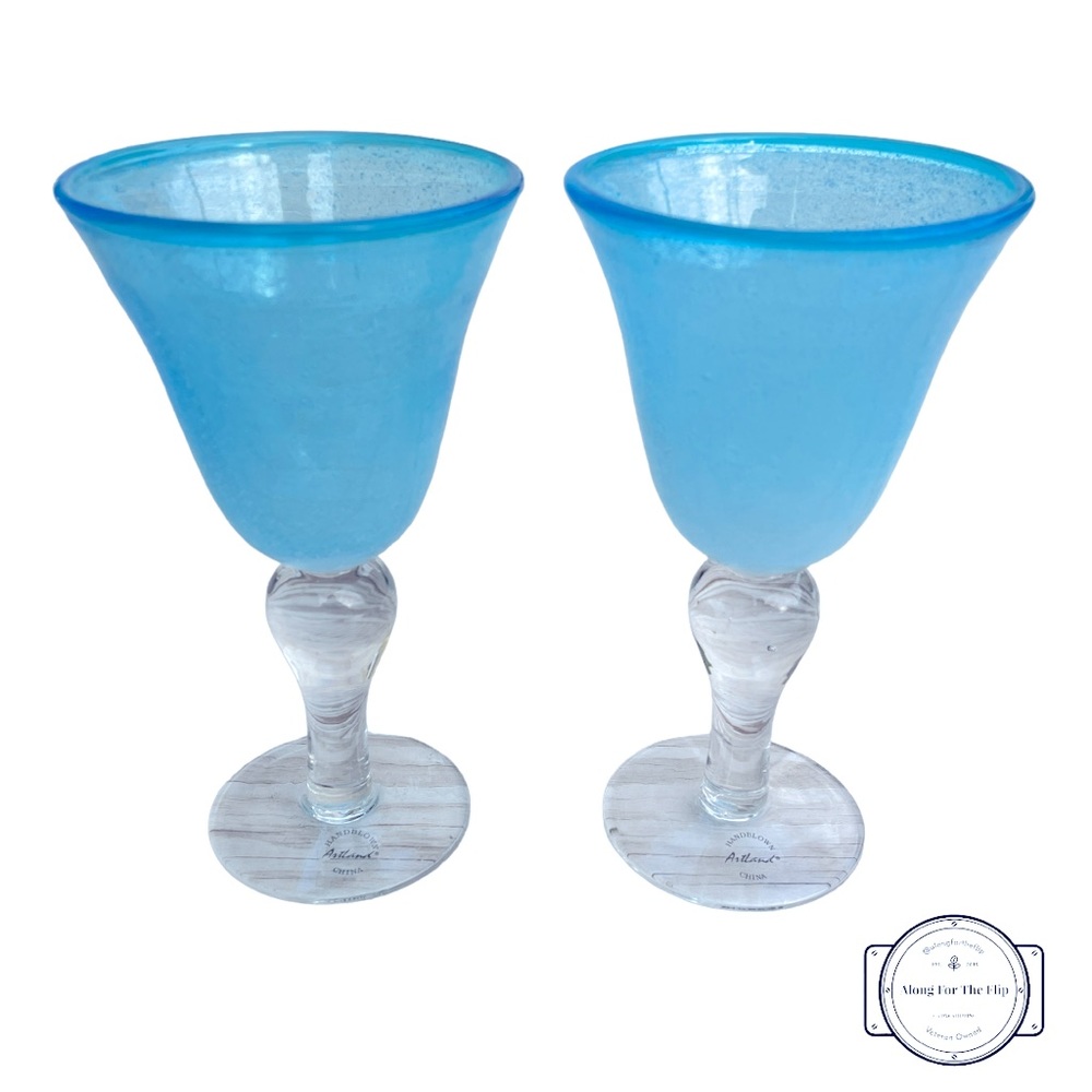 Set of 2 - Artland Iris Light Blue Hand Blown Glass Goblet Stemware